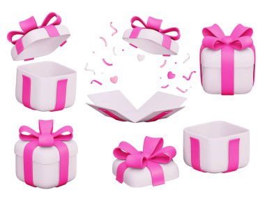Pembe kurdele ile açılıp kapanan 3D vektör hediye kutuları. Patlayıcı ve kalplerle dolu bir tatil süpriz kutusu. Şenlikli hediyeler. Reklam pankartları ve doğum günü kartları için. İzole edilmiş 3d oluşturucu.