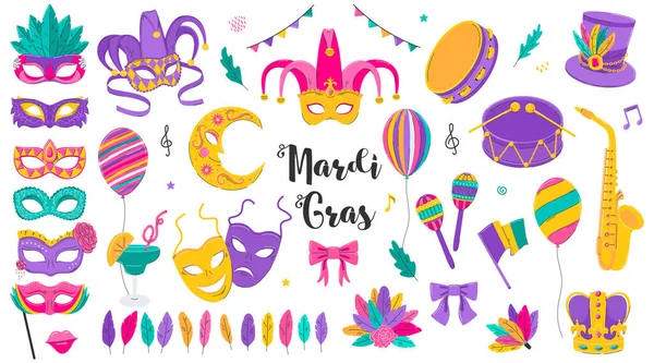 Mardi Gras Karnevalsklipp Brasiliansk Festival Design Kollektion Masker Med Fjädrar — Stock vektor