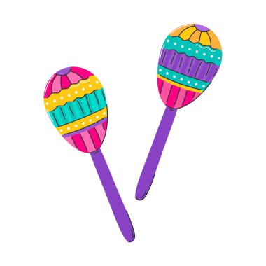 Maracas. Perküsyon çalkalayıcı müzik aleti. Çıngırak, Latin Amerika müziğinin sembolü, Mardi Gras, Brezilya karnavalı. Düz dekoratif element. Beyaz arkaplanda vektör illüstrasyonu vurgulandı