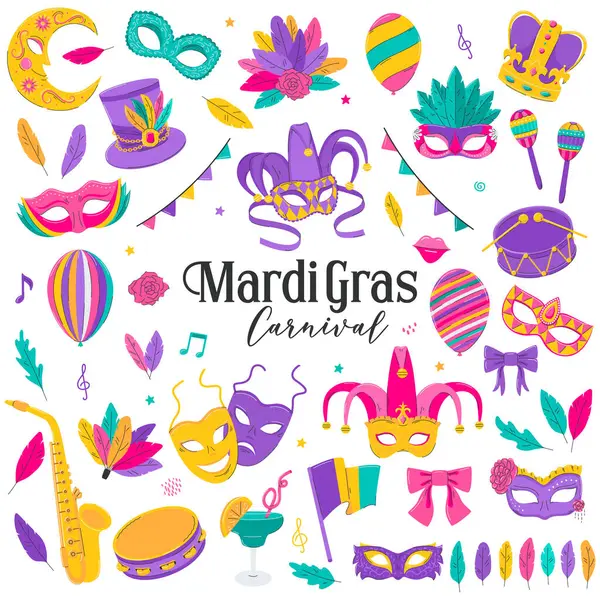 Mardi Gras Traditionella Symbolsamling Dekorativa Element För Mardi Gras Venetiansk — Stock vektor