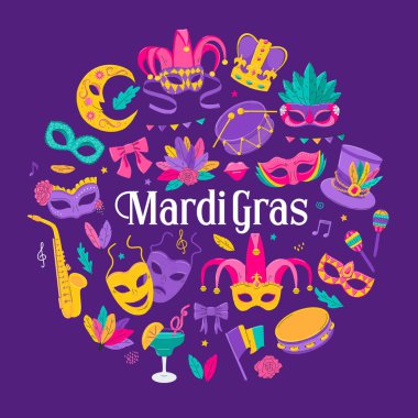 Mardi Gras Karnavalı tasarım elementleri. Karnaval, festival, maskeli balo için dekorasyon. Venedik maskesi, taç, tüyler, bayraklar, müzik aletleri. Vektör izole çizimleri