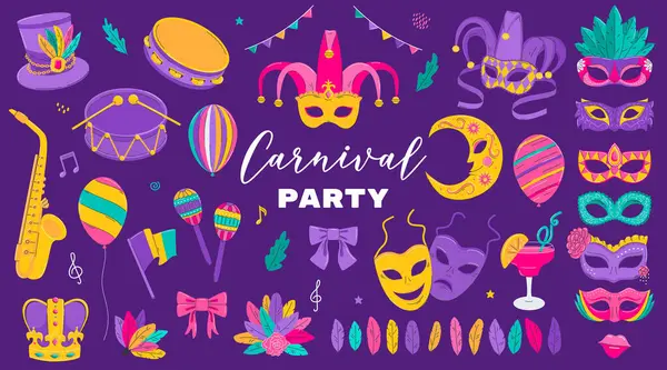 Coleção Design Mardi Gras Símbolos Tradicionais Franceses Máscaras Carnaval Decorações — Vetor de Stock