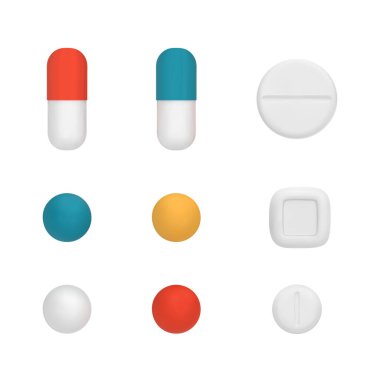 Üç boyutlu vektör hapları seti. İlaçlar, haplar, kapsüller, ağrı kesiciler, antibiyotikler, vitaminler. Sağlık sigortası ilaçları. Çizgi filmdeki vektör illüstrasyonu beyaz arkaplanda izole edilmiş minimal biçim.