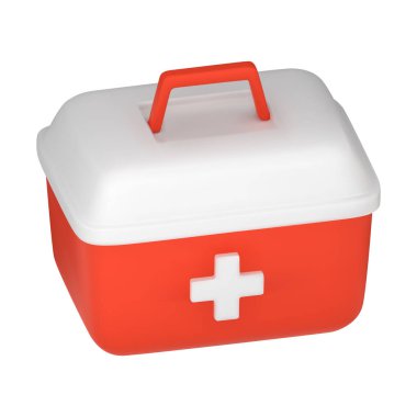 3D vektör gerçekçi kırmızı ilk yardım çantası, acil durum kutusu. Sağlık, hastane, doktor çantası. Güvenlik sembolü, acil yardım. Beyaz arkaplanda çizgi film biçiminde vektör illüstrasyonu.