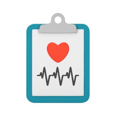 Kalp ve kardiyogramı olan 3D tıbbi belge. Kalp teşhisi, elektrokardiyografi, EKG prosedürü. Sağlık hizmetleri, tıbbi ikon. Beyaz arkaplanda izole edilmiş 3B vektör illüstrasyonu.