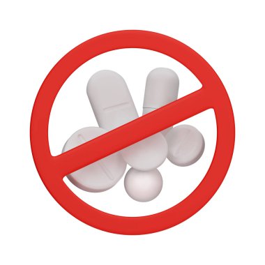 Farklı haplar ve tabletler. Kısıtlı işaretli 3 boyutlu vektör ilaçları. Tıbbi ilaçların yasaklanmasının bir sembolü. Beyaz arkaplanda izole edilmiş 3 boyutlu vektör illüstrasyonunu kavra.