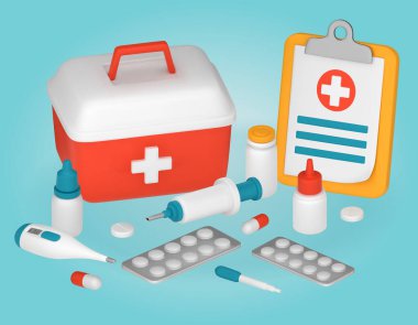 Tıbbi malzemelerle dolu bir ilk yardım çantası. Tıbbi eşyalar, termometre, şırınga, pipet, tabletler. 3B vektör illüstrasyonu.