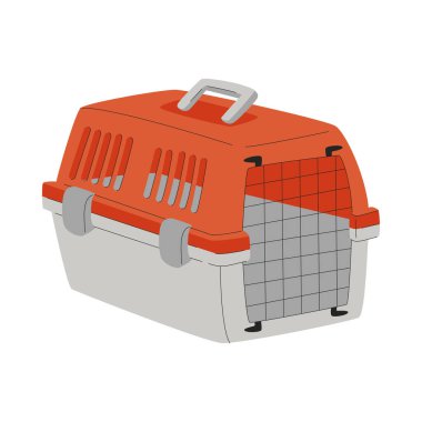 Kediler ve köpekler için plastik posta kutusu. Hayvanlarla seyahat etmek için bir kargo kutusu. Evcil hayvan bakımı ürünü. Beyaz arkaplanda izole edilmiş düz bir vektör çizimi