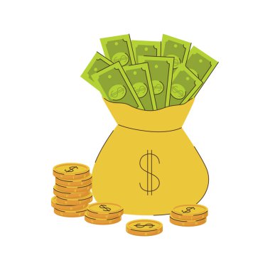 Kağıt dolarlarla dolu bir dolar işareti olan sarı bir çanta. Yığınla altın para. Zenginliğin, tasarrufların sembolü. Düz vektör çizimi beyaz arkaplanda izole edildi.