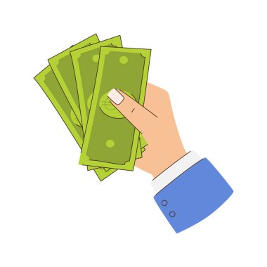 Yeşil banknotları tutan bir el. El mavi bir takım elbise giyiyor. Zenginlik ve refah kavramı. Düz vektör çizimi beyaz arkaplanda izole edildi.