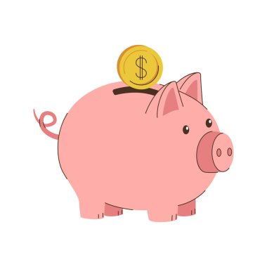 Üstünde bozuk para olan pembe bir kumbara. Zula, tasarruf ve yatırımların sembolü. Düz vektör çizimi beyaz arkaplanda izole edildi.