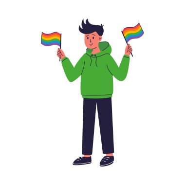 Elinde iki gökkuşağı bayrağı olan bir çizgi film çocuğu. Sweatshirt giyen genç bir adam. Gurur Ayı konsepti. Beyaz arkaplanda izole edilmiş vektör illüstrasyonu