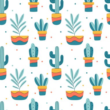 Kaktüs ve diğer soyut saksı bitkileriyle renksiz bir desen. Çiçek saksılarındaki parlak bitkiler. Beyaz arkaplanda çizgi film çizimleri