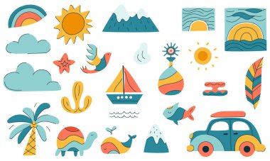 Renkli elementler ve yaz seyahatleri için semboller. Günbatımı, hayvanlar, doğa. Basit elle çizilmiş oyuncu çizimler beyaza izole edilmiş