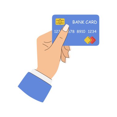 El, banka kartını sanki kullanılıyormuş gibi bir şekilde tutuyor. Düz vektör çizimi beyaz arkaplanda izole edildi.