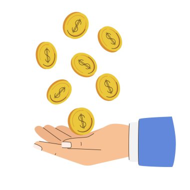 Bir el, düşen altın paraları yakalar. Nakit, 10 sent. Düz vektör çizimi beyaz arkaplanda izole edildi.