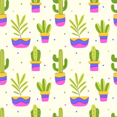 Kaktüs ve diğer soyut saksı bitkileriyle renksiz bir desen. Parlak saksılarda saksılar. Beyaz arkaplanda çizgi film çizimleri