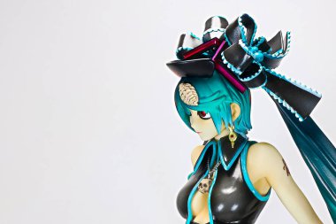 OSAKA,JAPAN - July 17, 2023: Studio shot of Hatsune Miku 'subspecies' Ca Calra figure. An image of a young Japanese woman. free copy space