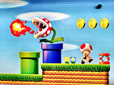 KYOTO,JAPAN - MAY 24, 2024 : New and old versions of the Mario Brothers mural in the Takashimaya department store in Kyoto. clipart