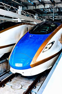 TSURUGA, JAPAN - MAR 5, 2024: The HOKURIKU Shinkansen Kurşun Treni (W7 Type) JR TSURUGA istasyonundaki platforma yaklaşır. Hokuriku Sinkansen Mart 2024 'te açılan yüksek hızlı bir demiryolu hattıdır..