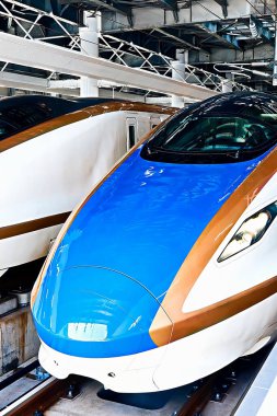 TSURUGA, JAPAN - MAR 5, 2024: The HOKURIKU Shinkansen Kurşun Treni (W7 Type) JR TSURUGA istasyonundaki platforma yaklaşır. Hokuriku Sinkansen Mart 2024 'te açılan yüksek hızlı bir demiryolu hattıdır..