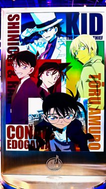 OSAKA, JAPONYA - 12, 2024: Dedektif Conan, Universal Stüdyoları Japonya 'da filmin tanıtımı için bir reklam dekorasyonu ve sergi. 