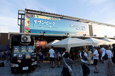 OSAKA, JAPAN - AUGUST 22, 2025 : Editorial photograph of the exteriors of various pavilions and exhibits showcasing a vision of the future at the 2025 Osaka, Kansai Expo.