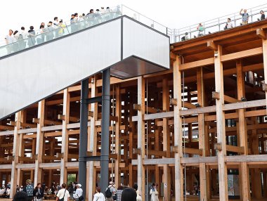 OSAKA, JAPAN - AUGUST 22, 2025 : Editorial photograph of the exteriors of various pavilions and exhibits showcasing a vision of the future at the 2025 Osaka, Kansai Expo.