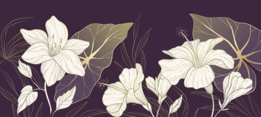 Botanical line bakground with lily flowers and leaves. Floral foliage for wedding invitation, wall art or card template. Vector illustration. Luxury rustic trendy art