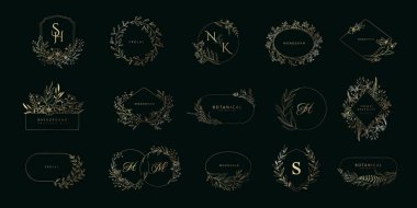 Set of golden frames, monogramm and logo, botanical floral branch. Botanical vintage foliage for wedding invitation, wall art or card template. Minimal line art drawing. Vector illustration