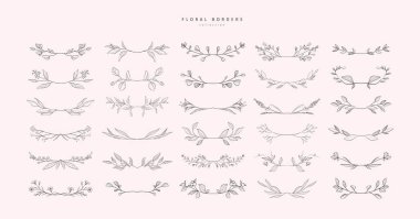 Set of floral branch and minimalist flowers in wreath borders. Hand drawn line wedding herb, elegant leaves for invitation save the date card. Botanical rustic trendy greenery vector clipart