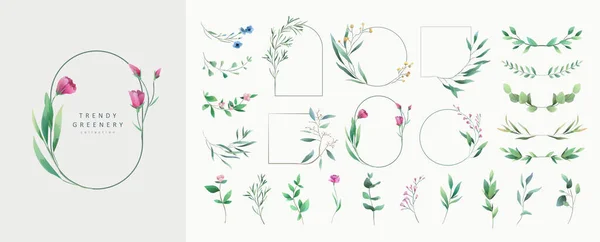 一套花卉水彩标志元素 花环边界分隔符 边框角和极简花枝 手绘婚纱 淡淡的叶为邀请函保存日期卡 植物学 — 图库矢量图片