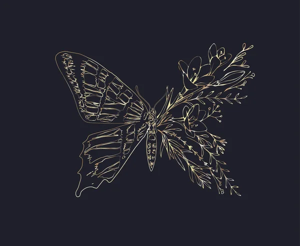 Golden Half Form Schmetterling Mit Zweig Und Blumen Für Tätowierung — Stockvektor