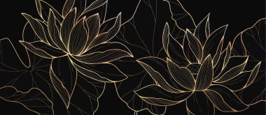 Botanical line bakground with lotus or water lily flowers and leaves. Floral foliage for wedding invitation, wall art or card template. Vector illustration. Luxury rustic trendy art