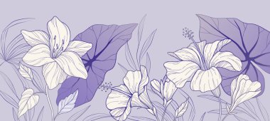 Botanical line bakground with lily flowers and leaves. Floral foliage for wedding invitation, wall art or card template. Vector illustration. Luxury rustic trendy art