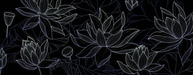 Botanical line bakground with lotus or water lily flowers and leaves. Floral foliage for wedding invitation, wall art or card template. Vector illustration. Luxury rustic trendy art