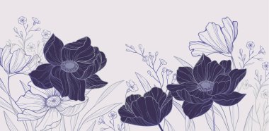 Botanical line bakground with wildflowers and leaves. Floral foliage for wedding invitation, wall art or card template. Vector illustration. Luxury rustic trendy art