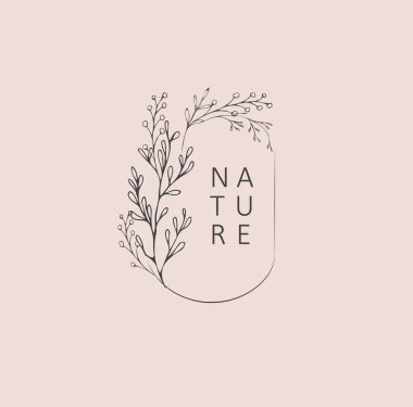 Minimum kadın çiçekli monogram ve logo. El yapımı düğün otları, zarif yapraklar. Botanik kırsal trend yeşillik vektör çizimi