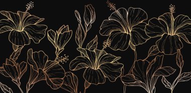 Botanical line bakground with hibiscus flowers and leaves. Floral foliage for wedding invitation, wall art or card template. Vector illustration. Luxury rustic trendy art