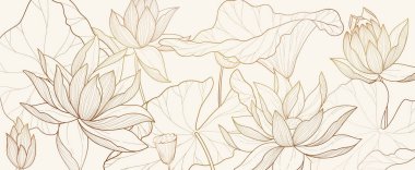 Botanical line bakground with lotus or water lily flowers and leaves. Floral foliage for wedding invitation, wall art or card template. Vector illustration. Luxury rustic trendy art