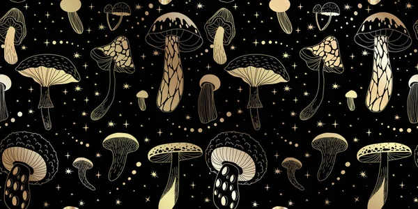 Seamless Pattern Various Mystical Mushrooms Hippie Magic Boho Wall Art — Stock Vector