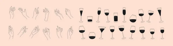Collection Different Woman Hands Gestures Wineglass Drink Cocktails Minimal Linear — Vettoriale Stock