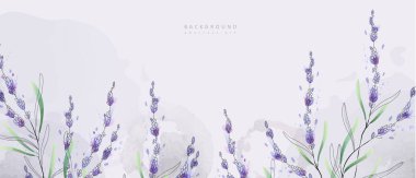 Lavanta çiçekleri ve yapraklarla suluboya fırın. Düğün davetiyesi, duvar resmi ya da kart şablonu için çiçek yaprakları. Vektör çizimi. Lüks taşra sanatı