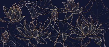 Botanical line bakground with lotus or water lily flowers and leaves. Floral foliage for wedding invitation, wall art or card template. Vector illustration. Luxury rustic trendy art