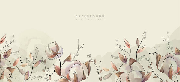 Watercolor bakground with cotton plant. Floral foliage for wedding invitation, wall art or card template. Vector illustration. Luxury rustic trendy art