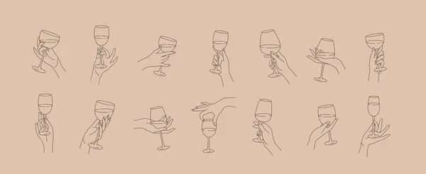 Mit Verschiedenen Handbewegungen Halten Frauen Weingläser Der Hand Oder Trinken — Stockvektor