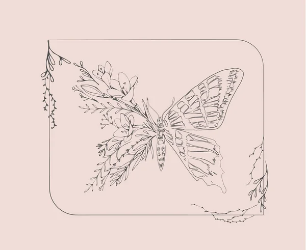 Half Shape Butterfly Branch Flowers Tattoo Shirt Print Wall Art — Stock Vector