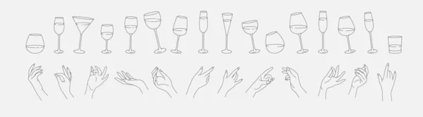 Collection Different Woman Hands Gestures Wineglass Drink Cocktails Minimal Linear — Stockvektor