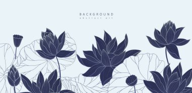 Botanical line bakground with lotus or water lily flowers and leaves. Floral foliage for wedding invitation, wall art or card template. Vector illustration. Luxury rustic trendy art