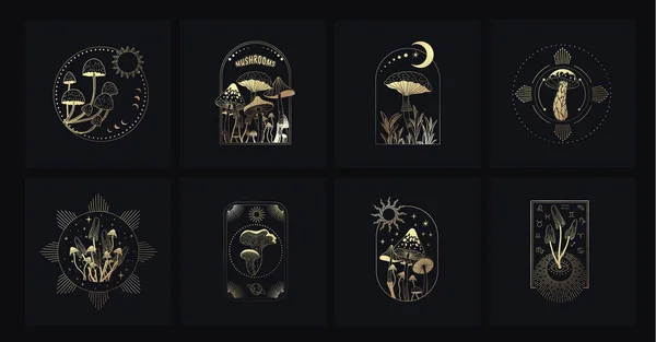 Набор Логотипа Различными Мистическими Грибами Магические Карточки Хиппи Психоделическая Векторная — стоковый вектор
